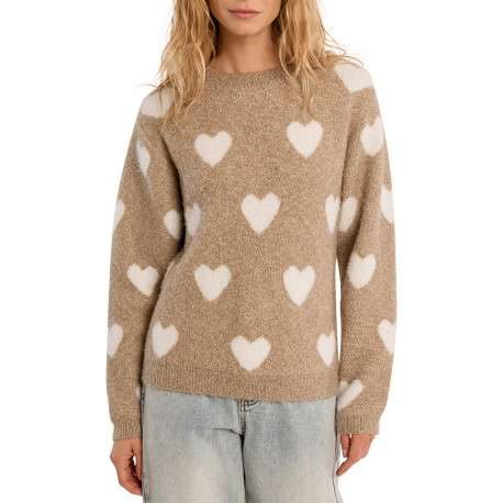 Pull beige imprimé à coupe droite agrémenté de motifs coeurs