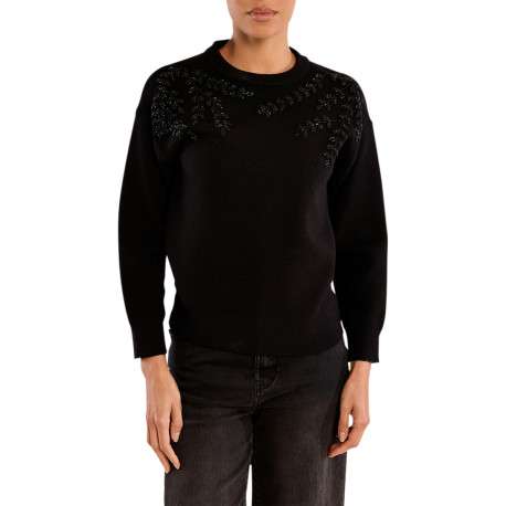 Pull noir à motif feuillage doté d'une coupe droite et d'un col rond