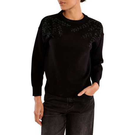 Pull noir à motif feuillage doté d'une coupe droite et d'un col rond - Image 4