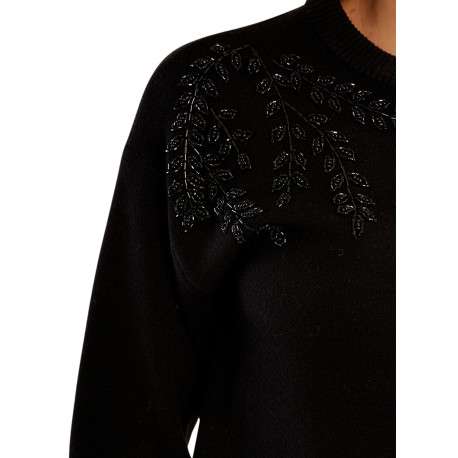 Pull noir à motif feuillage doté d'une coupe droite et d'un col rond - Image 5