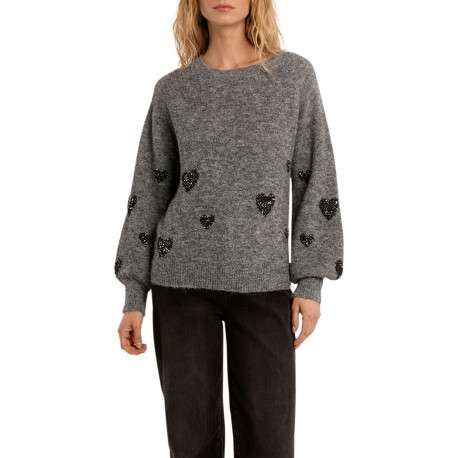Pull gris à coupe droite doté d'un col rond et de manches longues