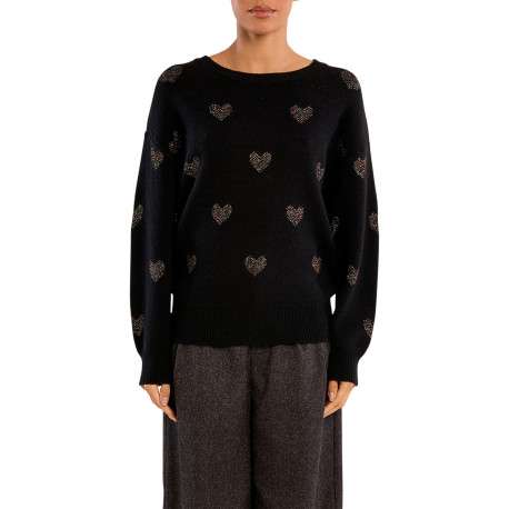 Pull noir à motifs brodés muni d'une coupe droite et d'un col rond