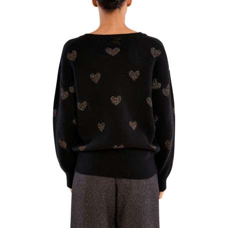 Pull noir à motifs brodés muni d'une coupe droite et d'un col rond - Image 2