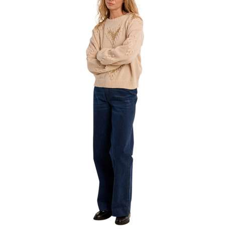 Pull beige à coupe droite pourvu de manches longues et de motifs - Image 3
