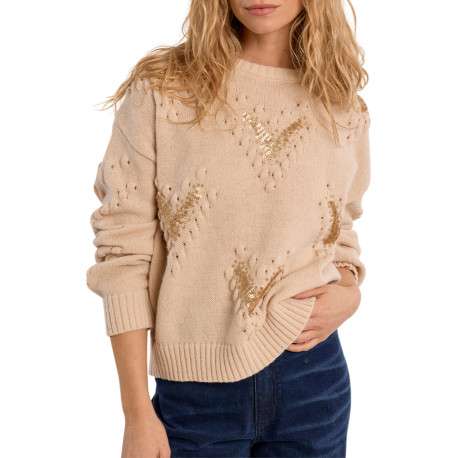 Pull beige à coupe droite pourvu de manches longues et de motifs - Image 4
