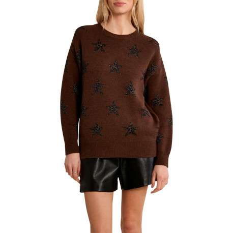 Pull chocolat orné de motifs étoilés brillants pourvu d'une coupe droite