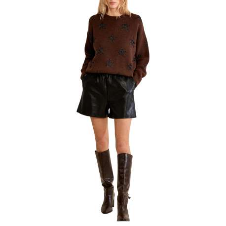 Pull chocolat orné de motifs étoilés brillants pourvu d'une coupe droite - Image 3