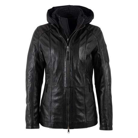 Blouson en cuir de mouton noir uni à coupe droite muni d'une capuche