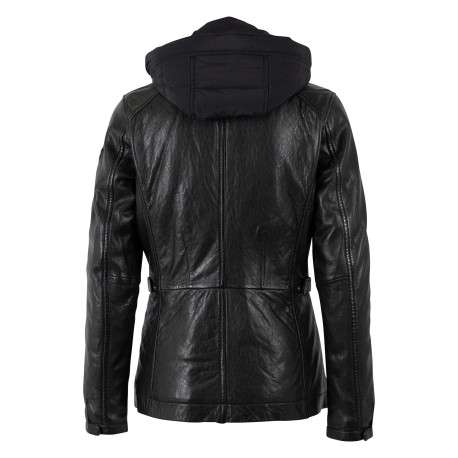 Blouson en cuir de mouton noir uni à coupe droite muni d'une capuche - Image 2