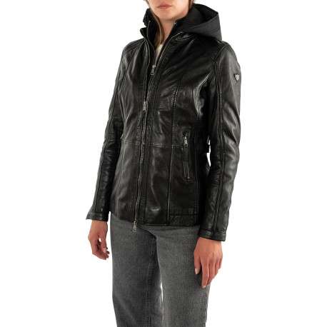 Blouson en cuir de mouton noir uni à coupe droite muni d'une capuche - Image 3