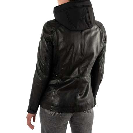 Blouson en cuir de mouton noir uni à coupe droite muni d'une capuche - Image 4