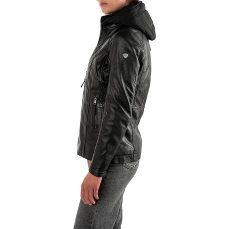 Blouson en cuir de mouton noir uni à coupe droite muni d'une capuche - Image 5