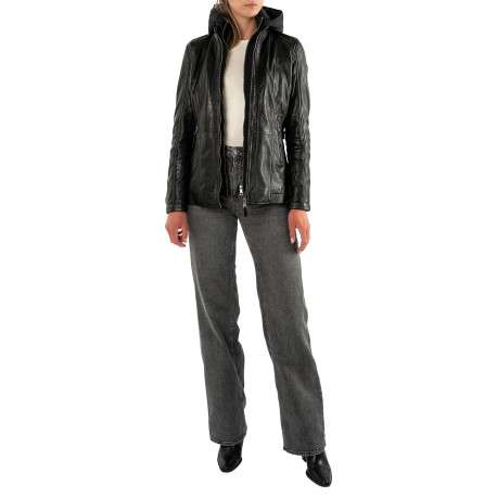 Blouson en cuir de mouton noir uni à coupe droite muni d'une capuche - Image 6