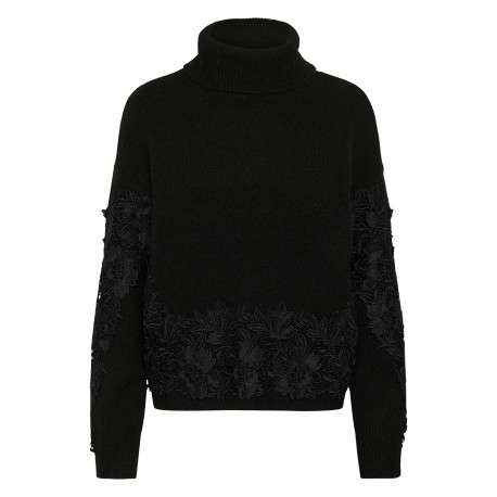 Pull noir à motif floral avec une coupe droite et un col roulé
