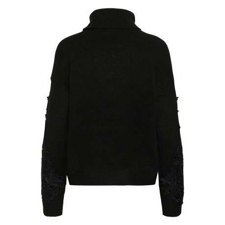 Pull noir à motif floral avec une coupe droite et un col roulé - Image 2
