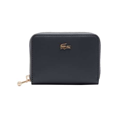 Porte-monnaie compact zippé en toile piquée noire orné du logo doré