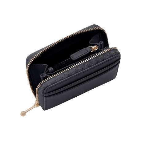 Porte-monnaie compact zippé en toile piquée noire orné du logo doré - Image 2