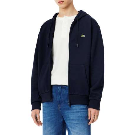 Sweat bleu marine zippé à capuche en coton mélangé pourvu d'une coupe droite