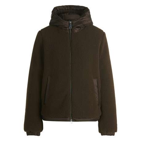 Blouson bi-matière chocolat à coupe droite muni d'une capuche