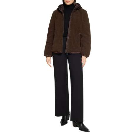 Blouson bi-matière chocolat à coupe droite muni d'une capuche - Image 2
