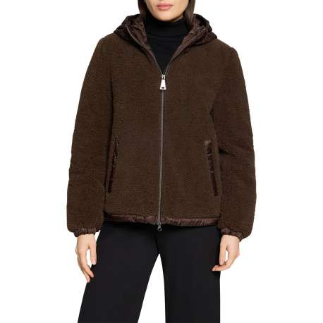 Blouson bi-matière chocolat à coupe droite muni d'une capuche - Image 4