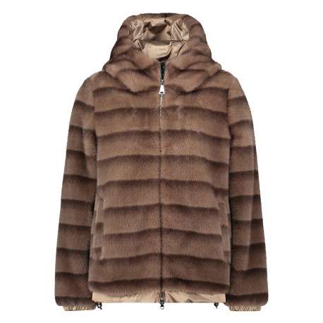 Blouson brun en fausse fourrure à coupe droite doté d'une capuche