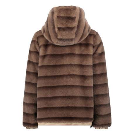 Blouson brun en fausse fourrure à coupe droite doté d'une capuche - Image 3