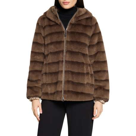 Blouson brun en fausse fourrure à coupe droite doté d'une capuche - Image 4