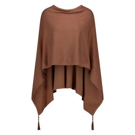 Poncho marron à coupe asymétrique doté d'un col large et des pompoms décoratifs