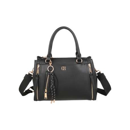 Sac à main noir en simili-cuir avec multi-fermetures éclair et pochette amovible