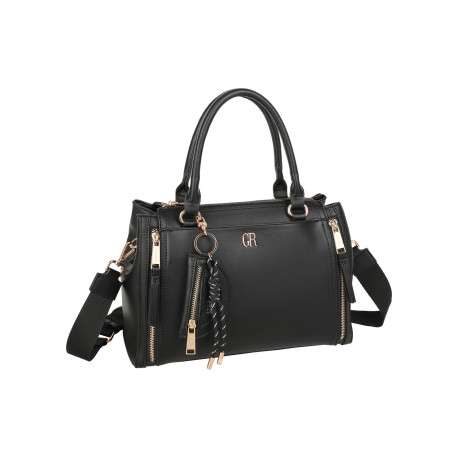 Sac à main noir en simili-cuir avec multi-fermetures éclair et pochette amovible - Image 2