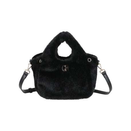Sac à main noir en fausse fourrure orné du logo doré ""GR"" au centre
