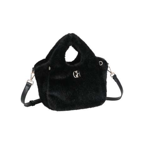 Sac à main noir en fausse fourrure orné du logo doré ""GR"" au centre - Image 2