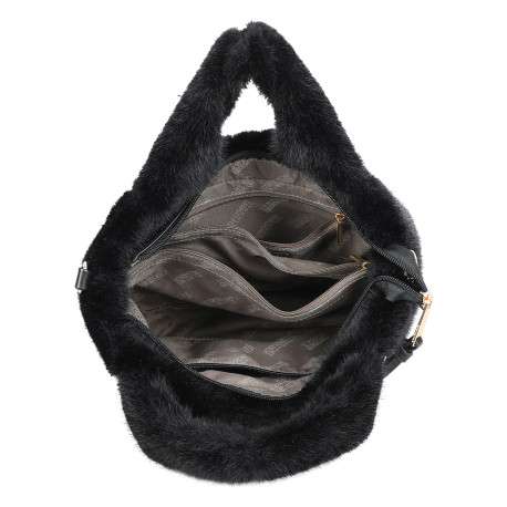 Sac à main noir en fausse fourrure orné du logo doré ""GR"" au centre - Image 4