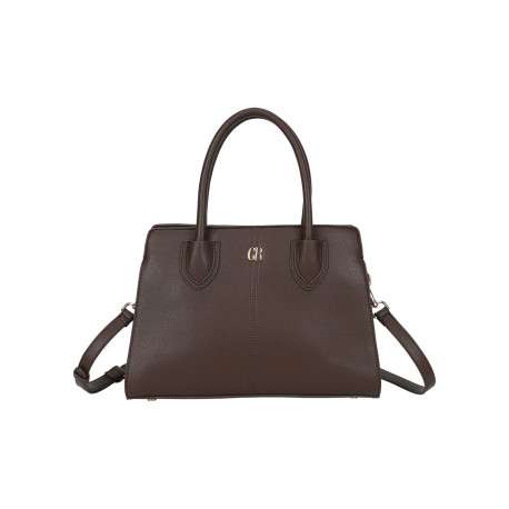 Sac à main marron en simili-cuir grainé avec des surpiqûres centrales