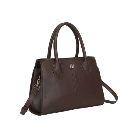 Sac à main marron en simili-cuir grainé avec des surpiqûres centrales - Image 2
