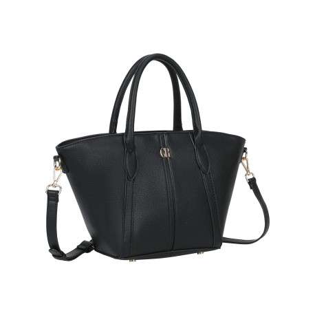 Sac à main cabas évasé en similicuir grainé noir avec détails dorés - Image 2