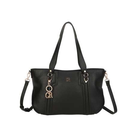 Sac à main porté épaule en simili-cuir grainé noir avec bijou de sac doré