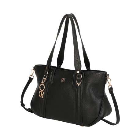 Sac à main porté épaule en simili-cuir grainé noir avec bijou de sac doré - Image 2