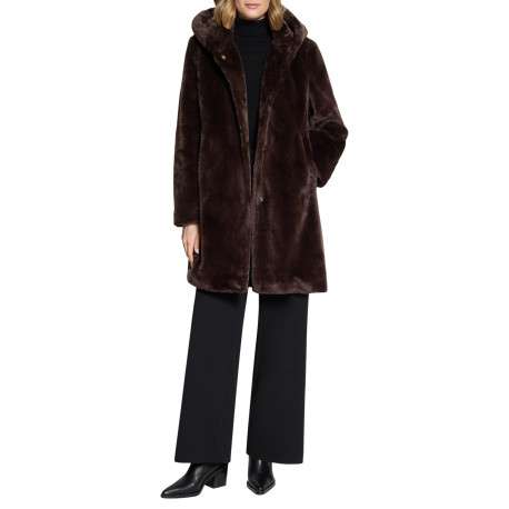 Manteau chocolat uni avec une coupe droite et un col à capuche - Image 2