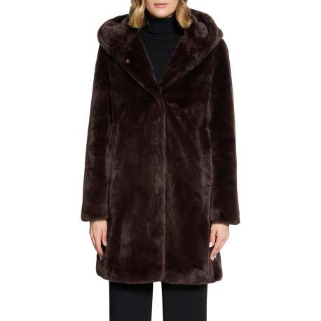 Manteau chocolat uni avec une coupe droite et un col à capuche - Image 4