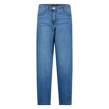 Jean en coton mélangé bleu pourvu d'une coupe droite et une taille intermédiaire