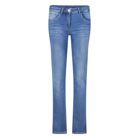Jean en coton bleu délavé pourvu d'une coupe slim et une taille intermédiaire