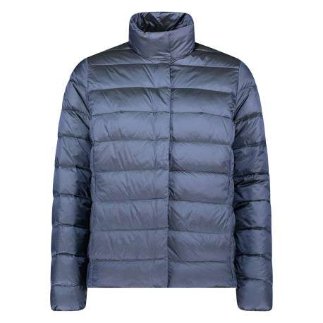 Doudoune bleue matelassée avec une coupe droite et un col montant