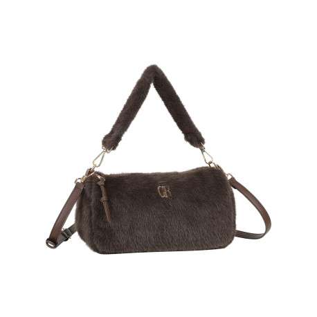Sac à main recouvert d'une fausse fourrure marron avec une anse courte amovible - Image 2