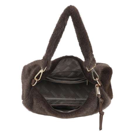 Sac à main recouvert d'une fausse fourrure marron avec une anse courte amovible - Image 4