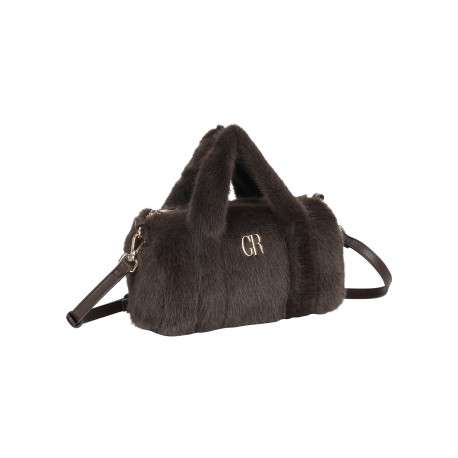 Sac à main bowling vêtu d'une fausse fourrure chocolat et 2 anses courtes - Image 2