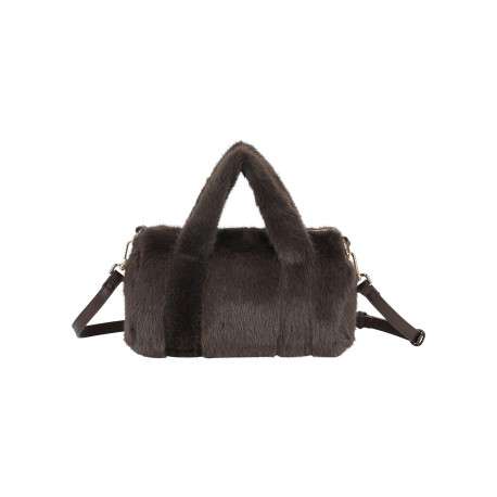 Sac à main bowling vêtu d'une fausse fourrure chocolat et 2 anses courtes - Image 3