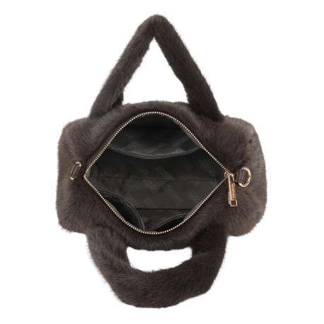 Sac à main bowling vêtu d'une fausse fourrure chocolat et 2 anses courtes - Image 4