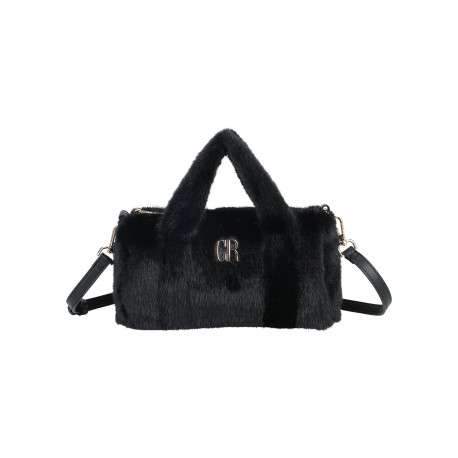 Sac à main bowling habillé d'une imitation fourrure noire et 2 anses courtes